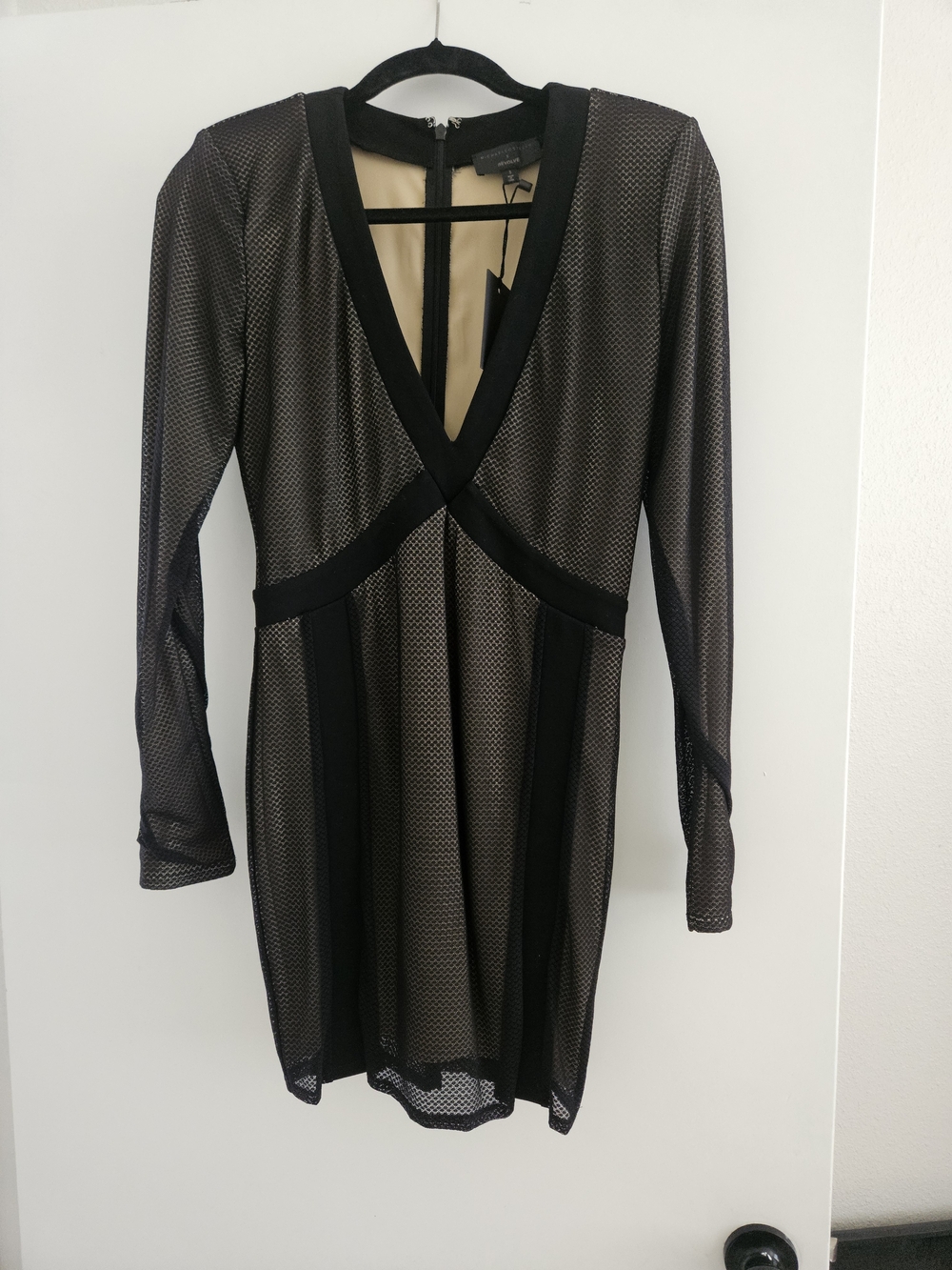 Black Long-Sleeve Mesh V-Neck Mini Dress